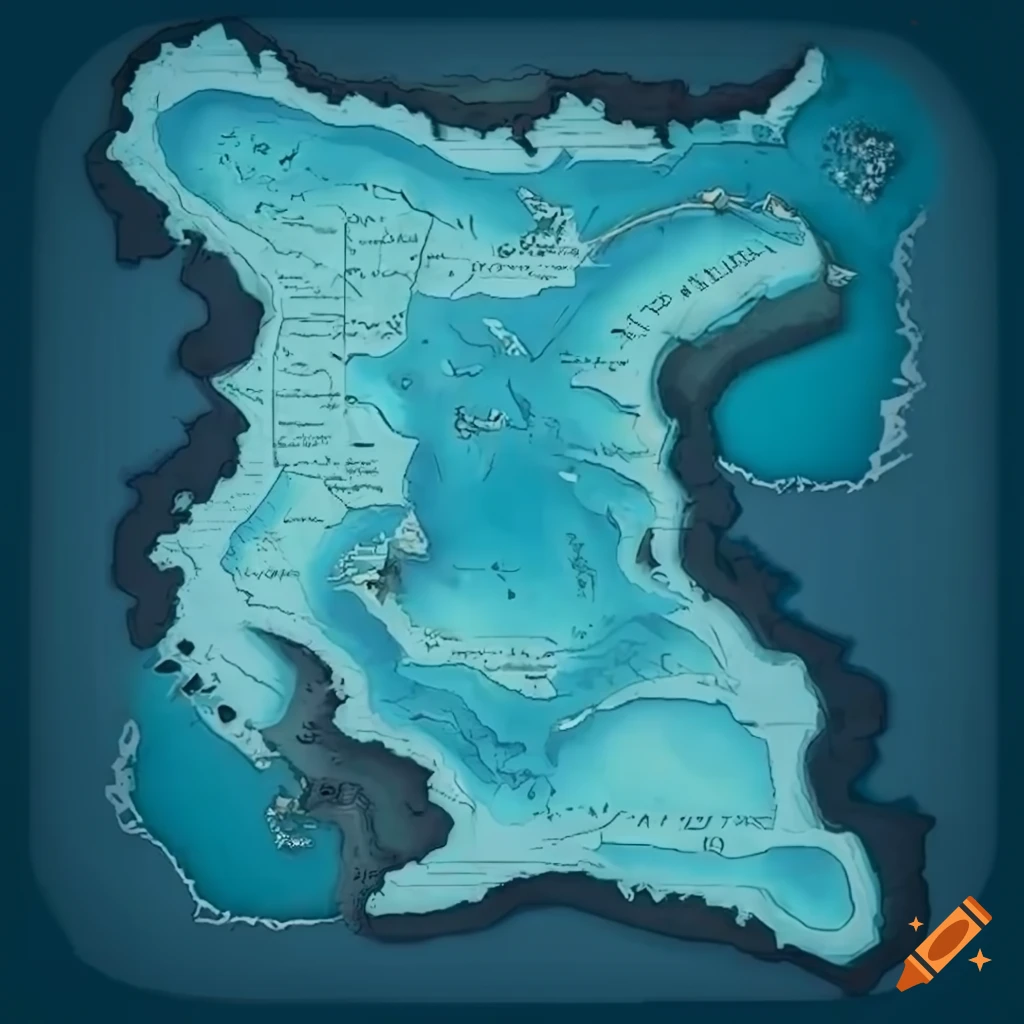 DnD Arctic frozen map with continental glaciers, ice-covered seas, and small mountains in medieval style