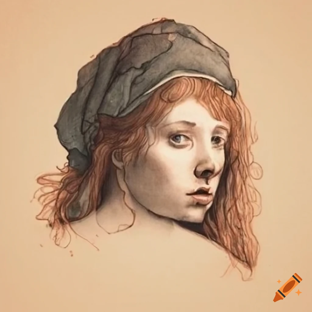 Study drawing of a woman sitting with grey and red ink on aged paper