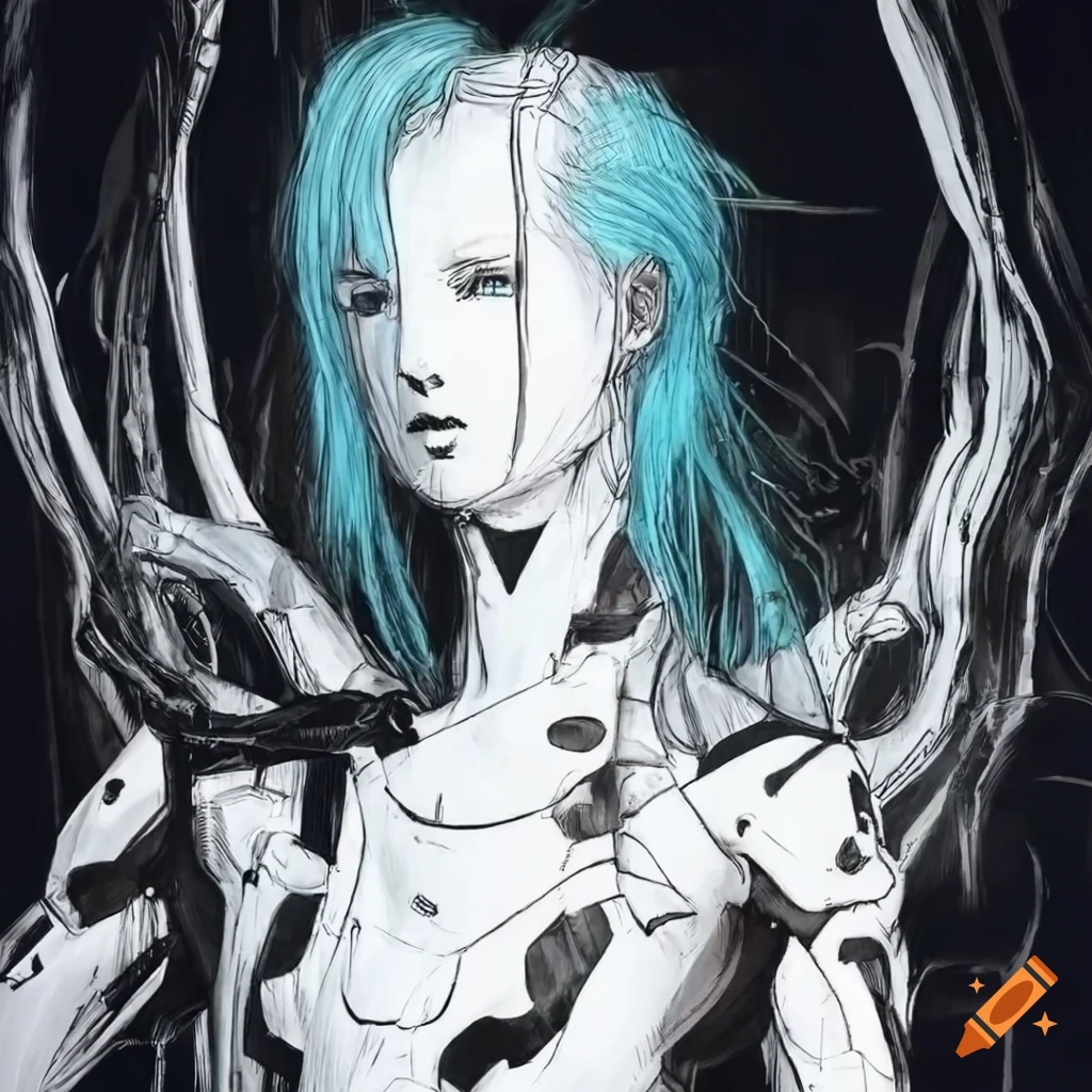 Cyborg man in white high-tech bodysuit with long light cyan hair