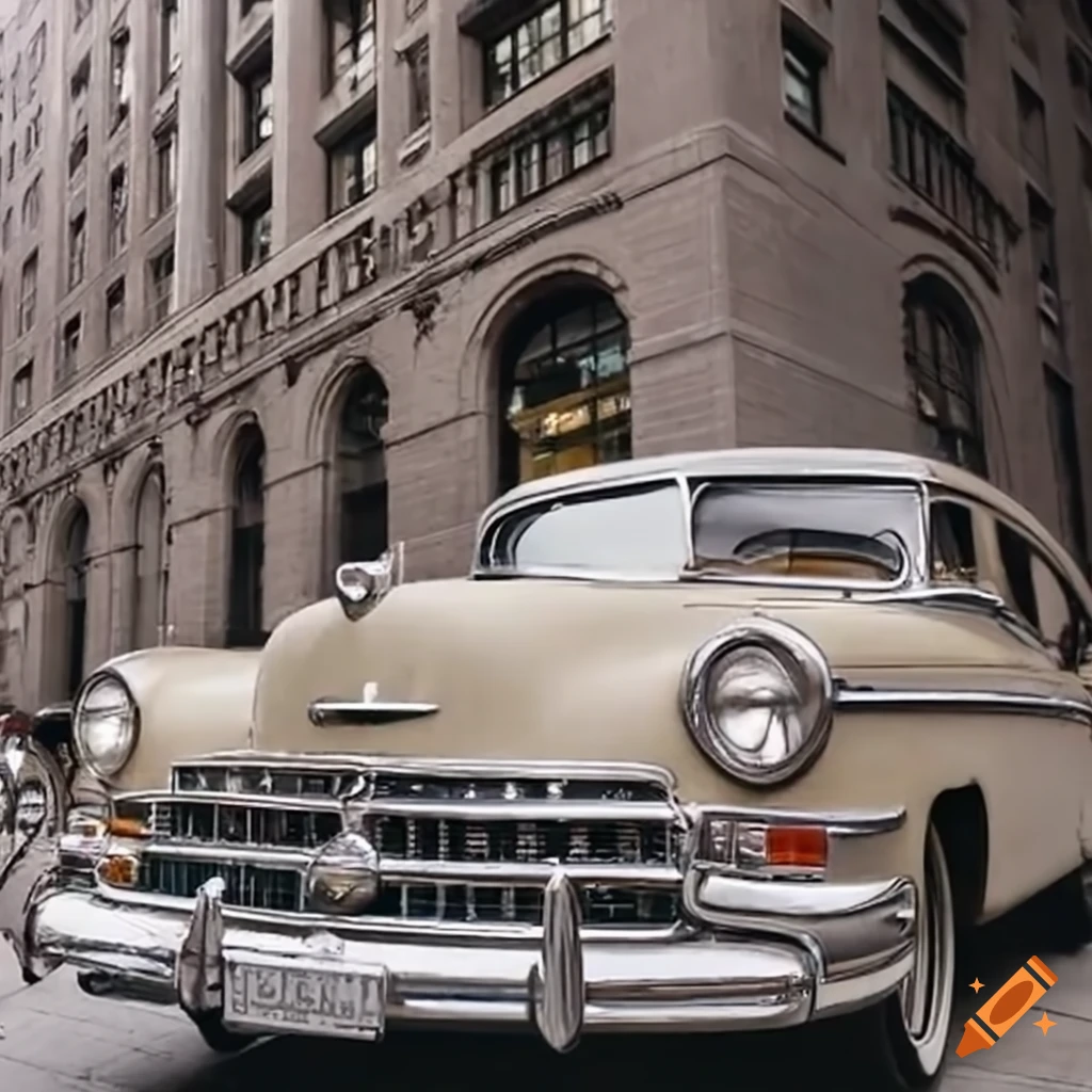 1950s vintage car in front of a New York skyscraper