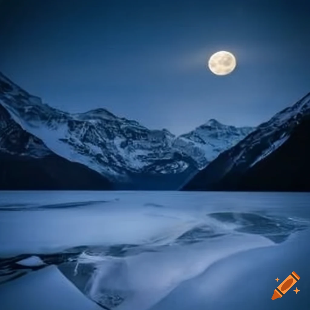 Ice-covered world under brilliant moonlight