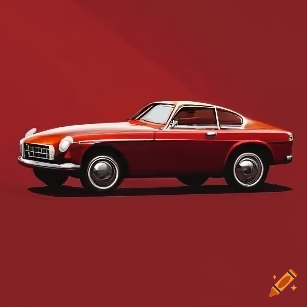 Red 1971 Volvo P1800E driving on a city road surrounded by buildings