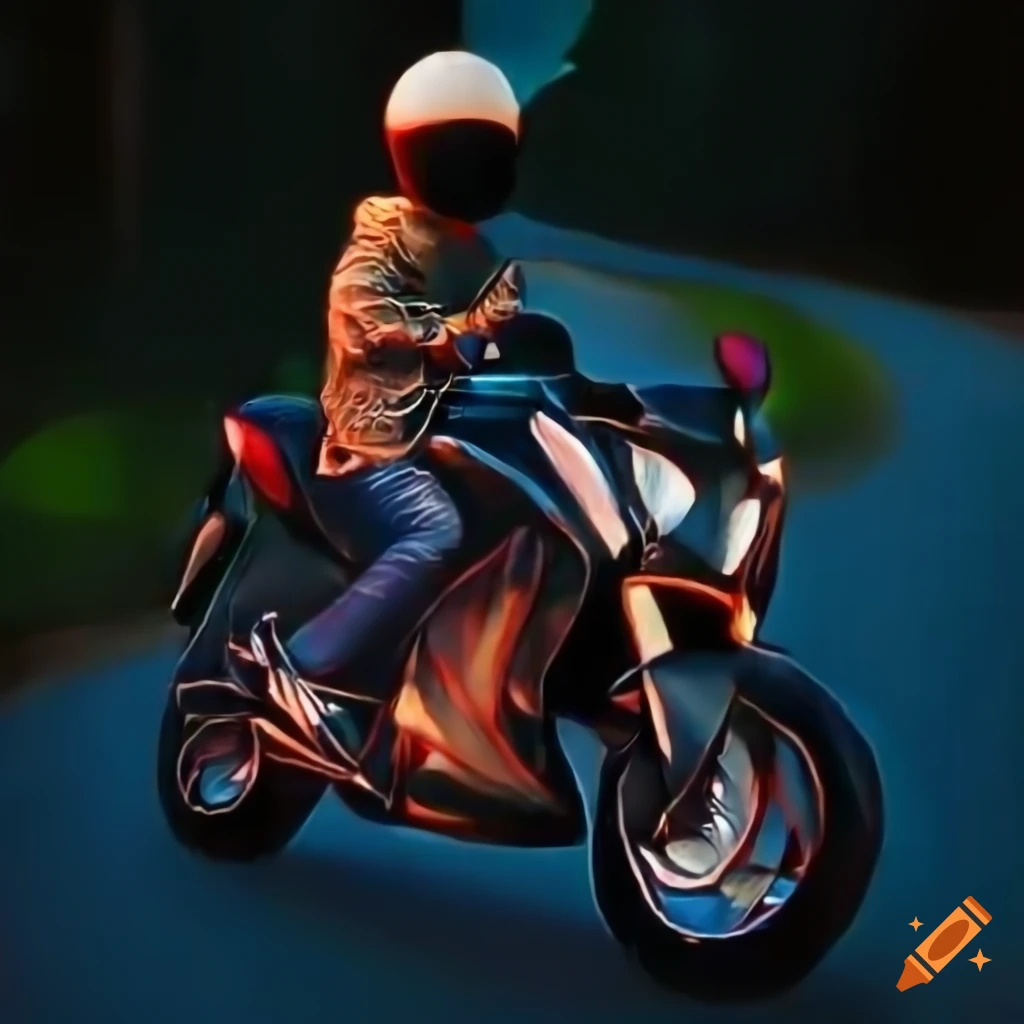 Boy in motorcycle gear next to his Dominar 400 on a beautiful road in a cartoon style