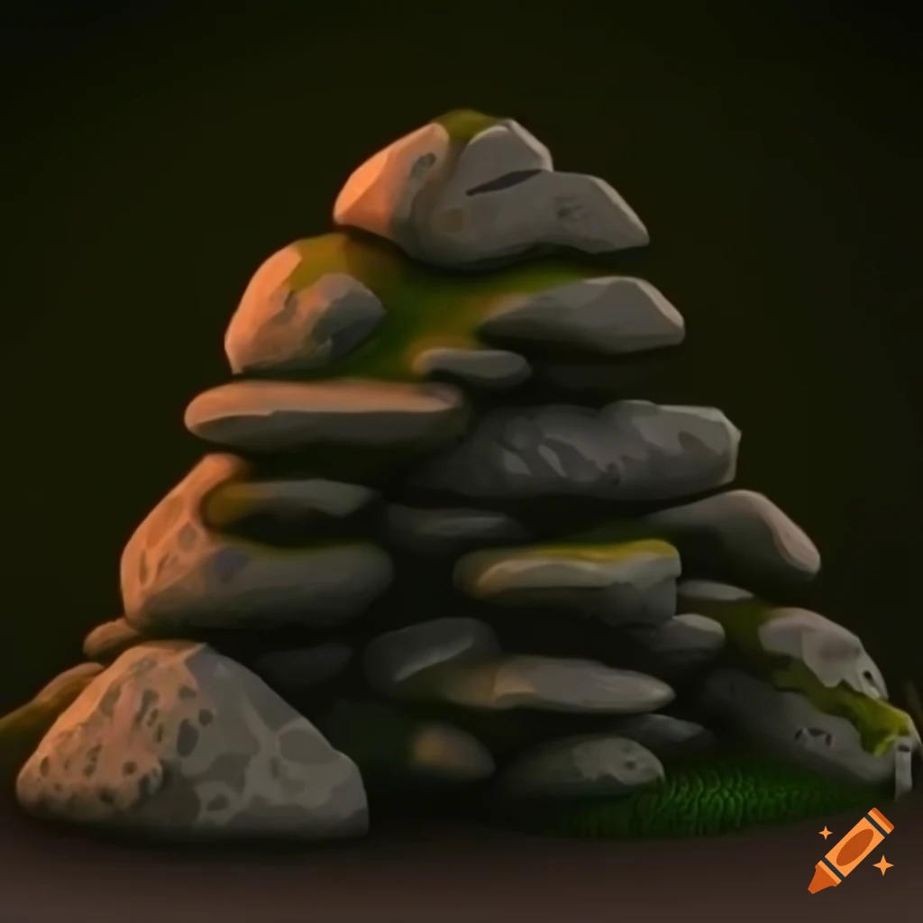 Stack of mossy grey rocks in video game style