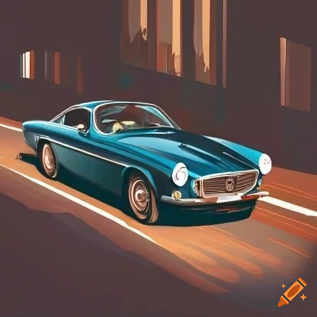 Vintage Volvo P1800E driving on a winding city road with spectators, detailed illustration