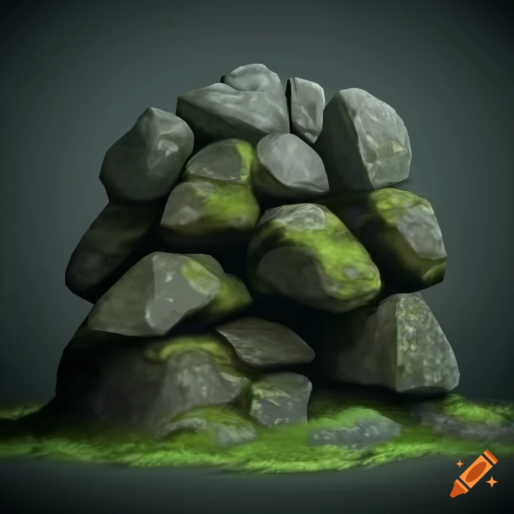 Mossy grey rocks in stylised video game art