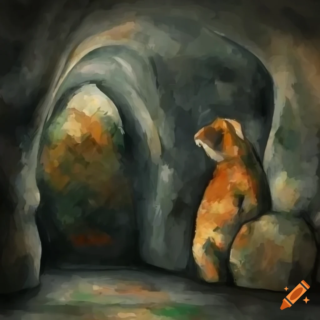 Grey cave room with two animals sitting among rocks in Cezanne style
