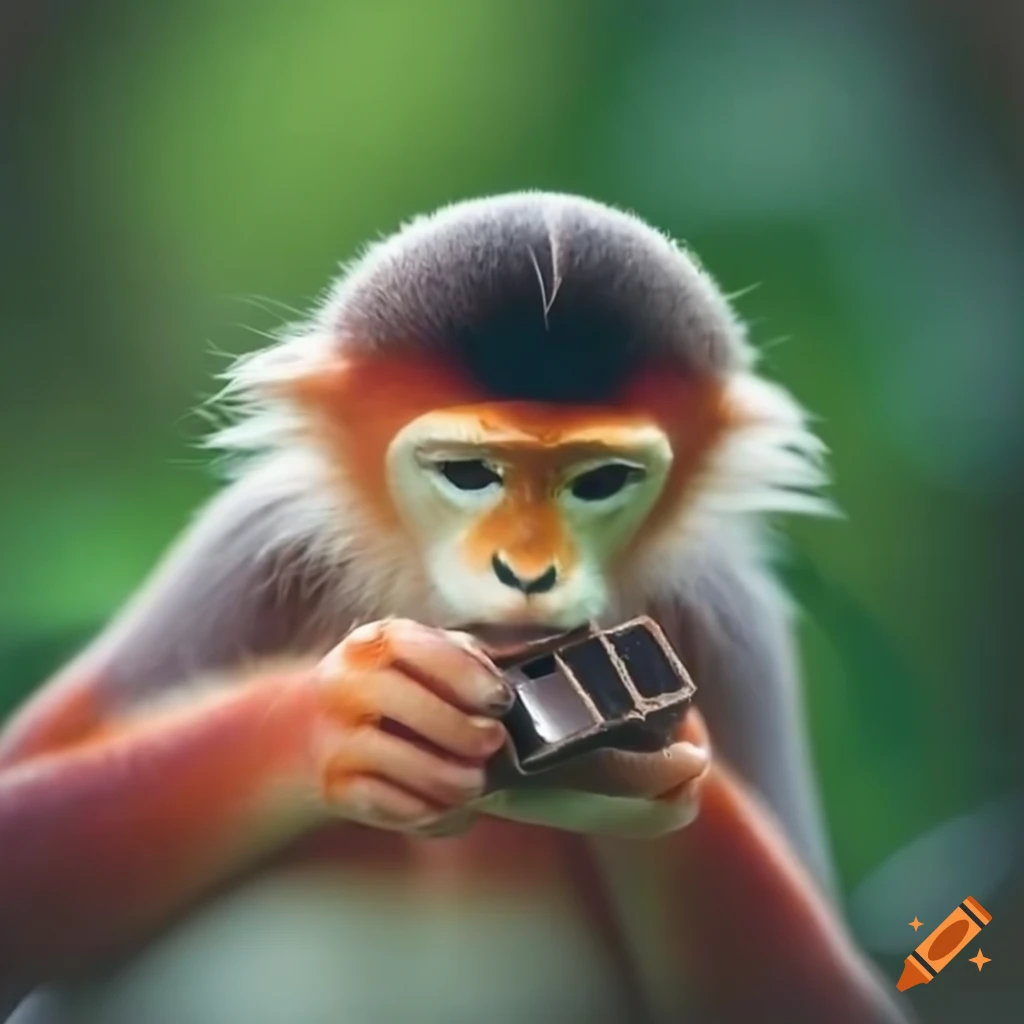 Red-shanked douc enjoying a chocolate bar