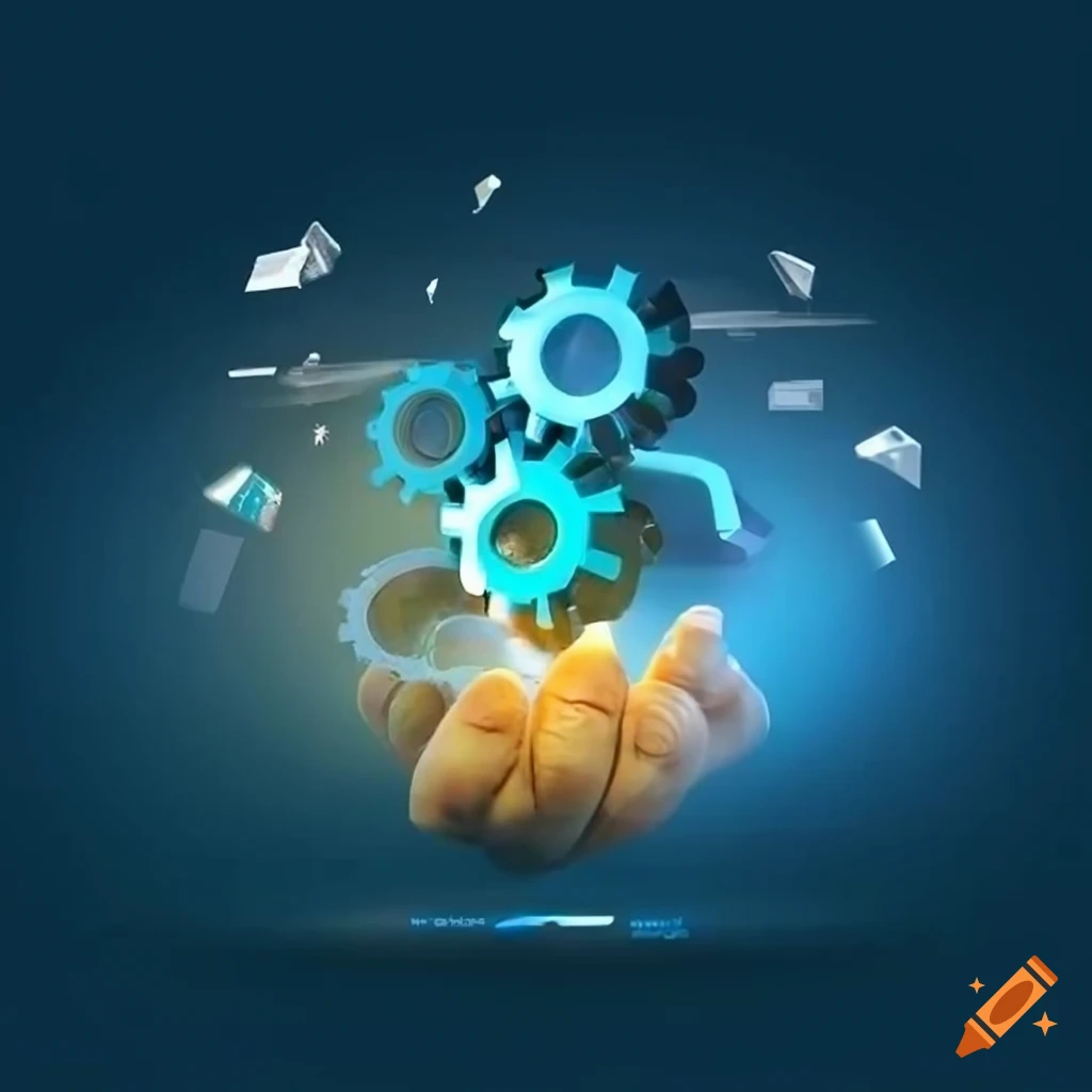 Dynamic sales team working together with a gear symbol in the background
