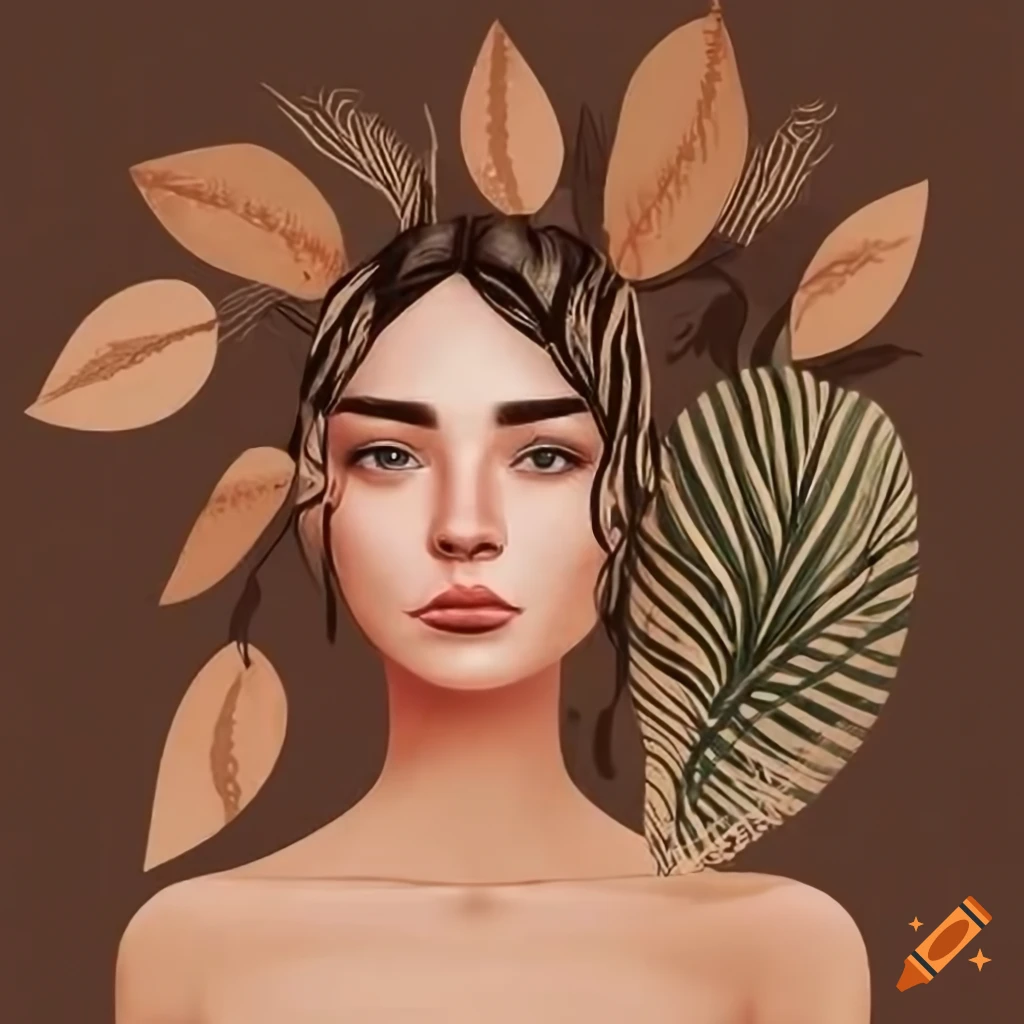 Boho woman surrounded by plants on a brown background