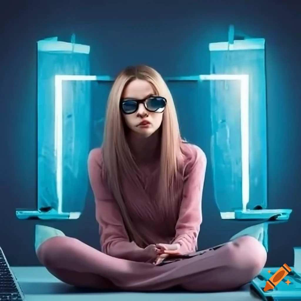 Girl sitting at computer with website canvases in background
