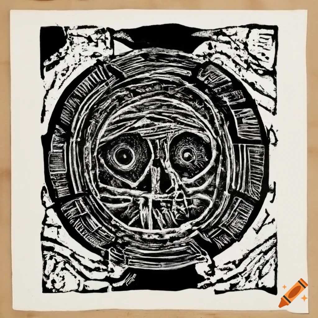 Esoteric dada collage linocut artwork of the nine circles of hell