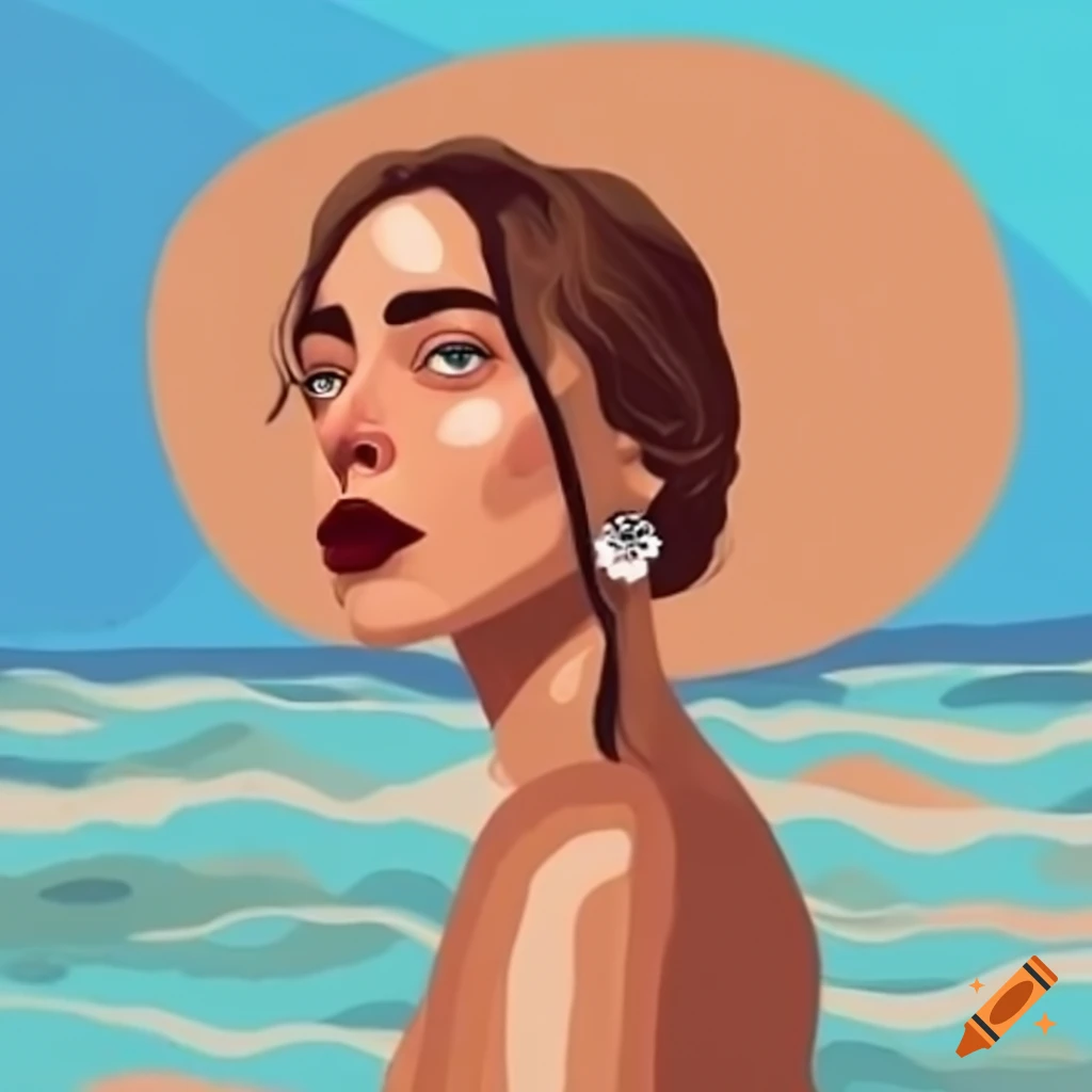 Boho-styled woman on a beach in a Sims-like setting