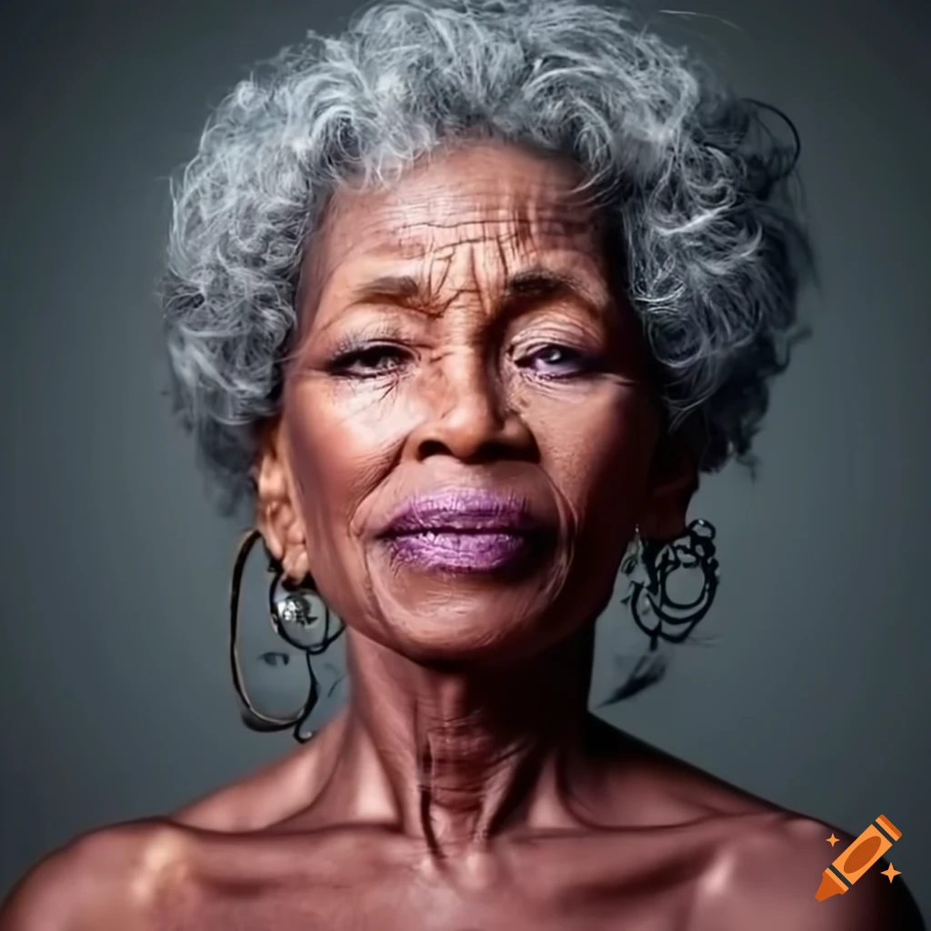 Beautiful black woman with purple eyes and long gray hair on Craiyon