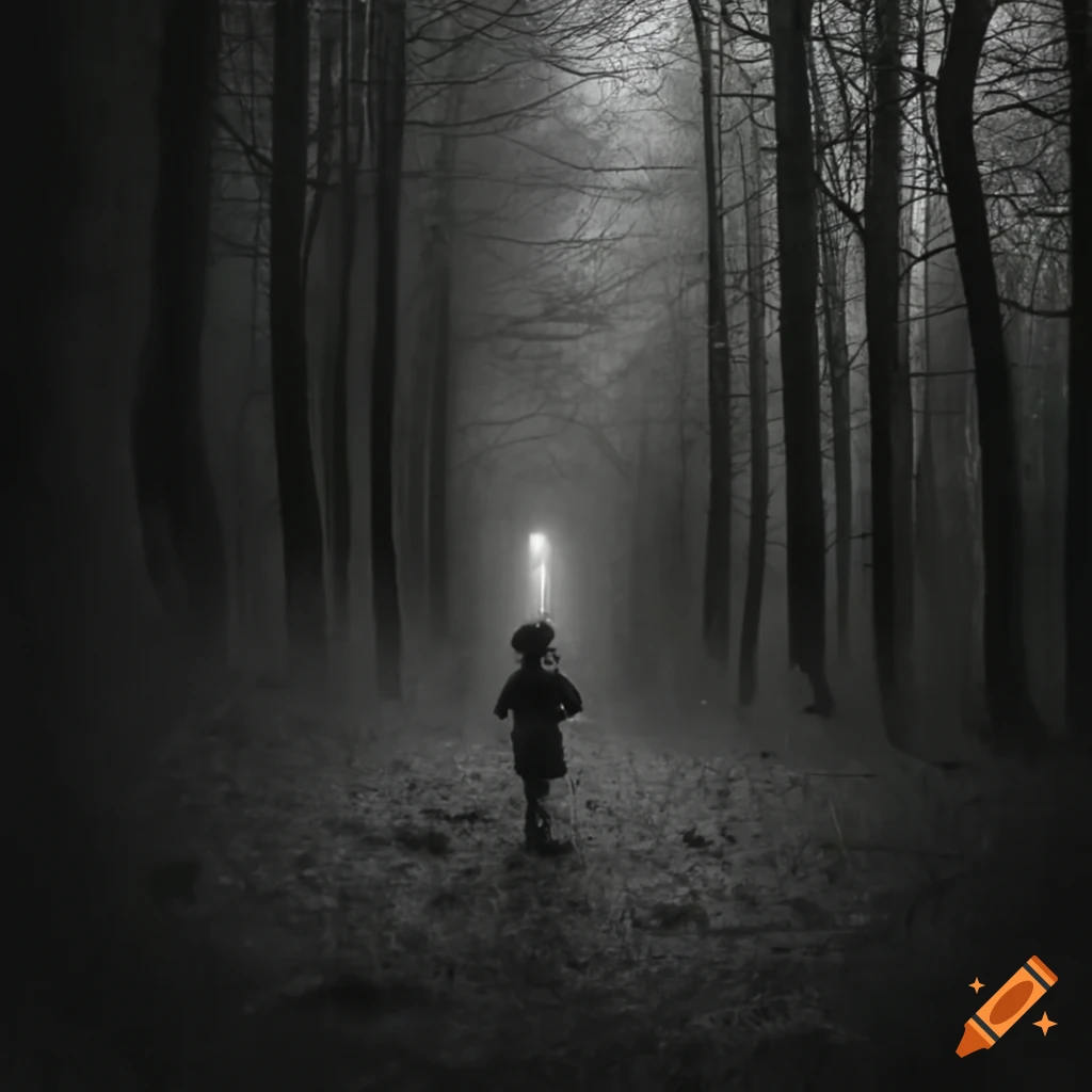Enfant entering a dark tunnel in the middle of a misty forest