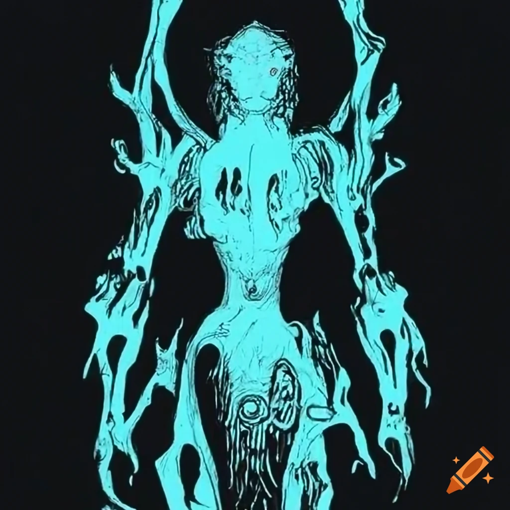 Deep high-tech underworld setting in black ink with white and light cyan hues