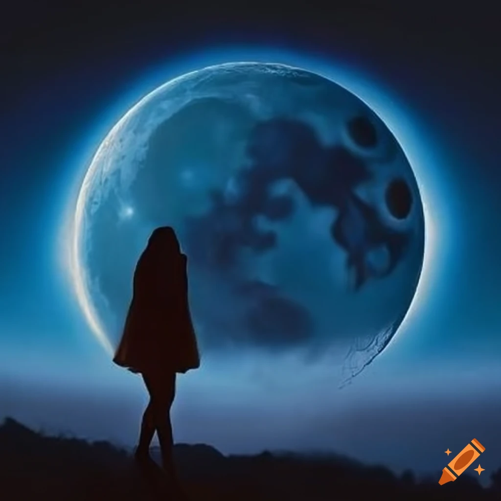 Woman gazing up through blue flames under the moonlight