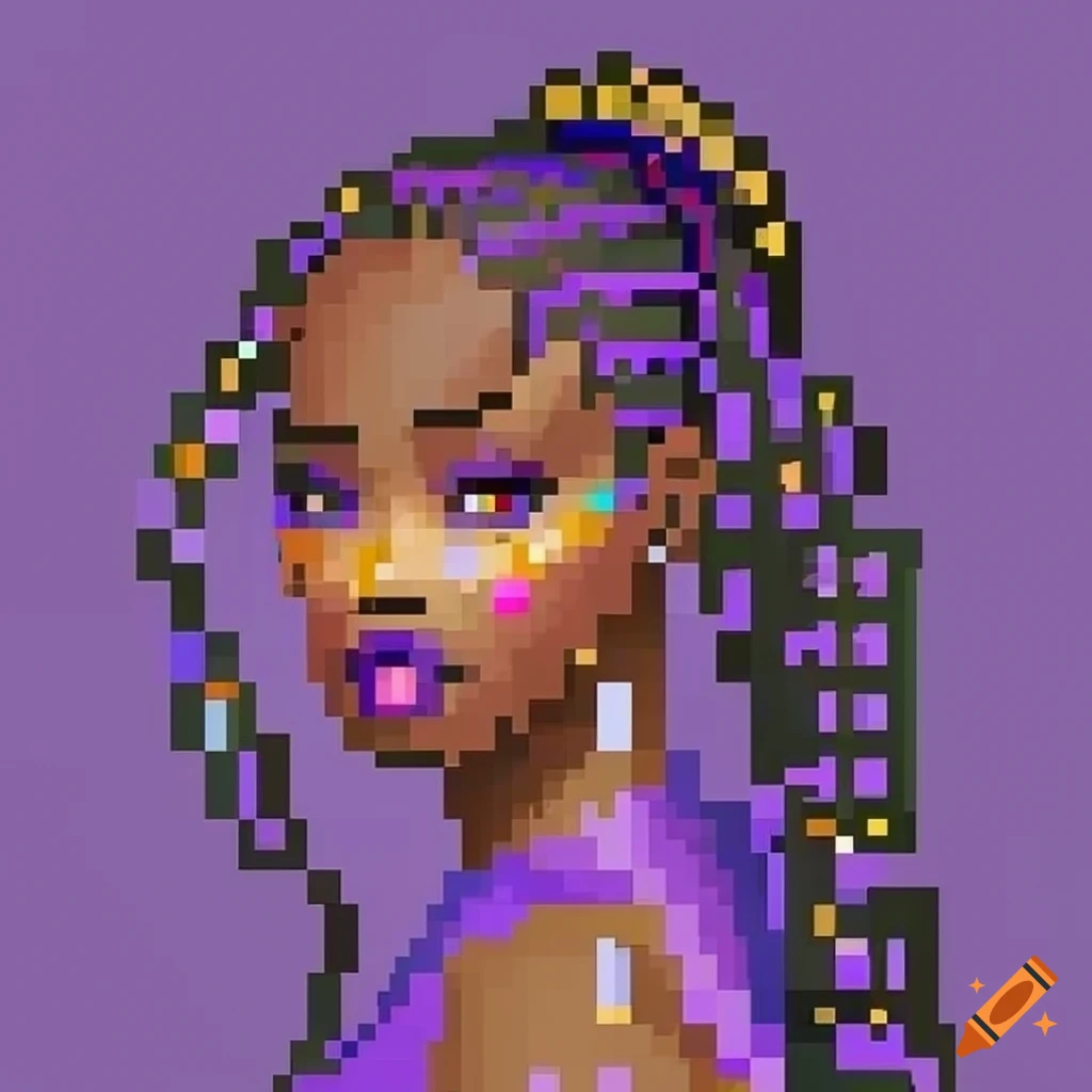 Pixel art of a black girl with purple braids in afrofuturistic style