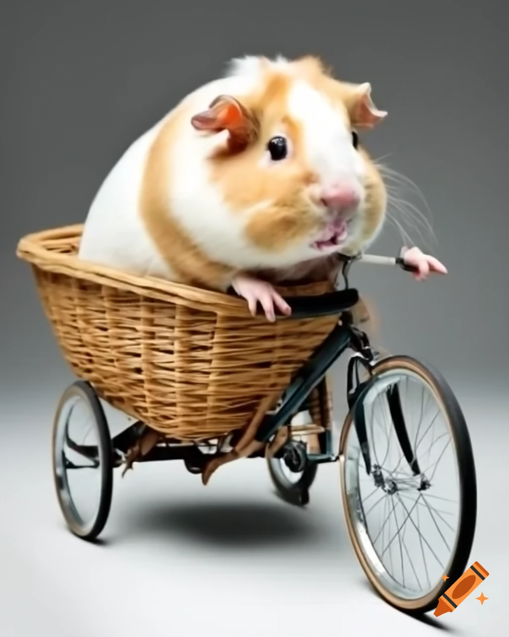 Guinea pig sitting in bicycle basket, bike with two wheels on transparent background