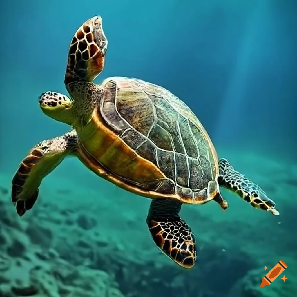 Turtle in distress in sea watercolor painting