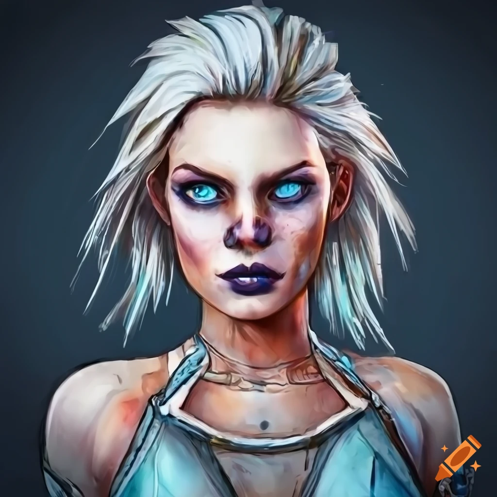 Platinum blonde Siren character in Borderlands style with blue eyes and prominent nose
