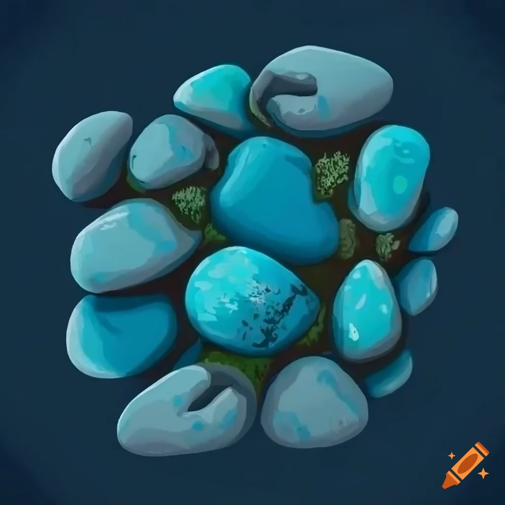 Pile of mossy blue grey stones in stylized video game style