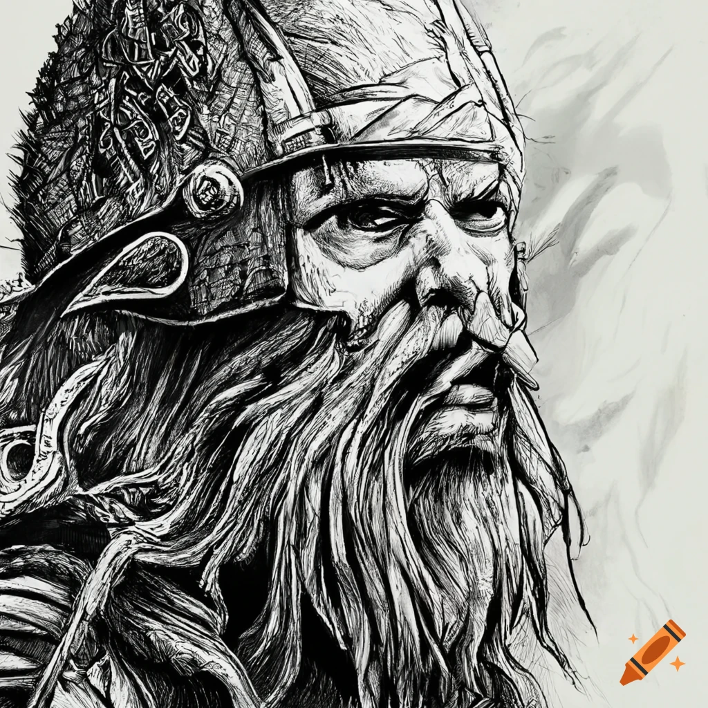 Experienced viking warrior in a detailed pen and ink drawing