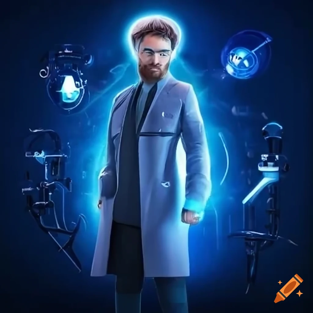 Friendly scientist in futuristic robotics lab with glowing elements on ...