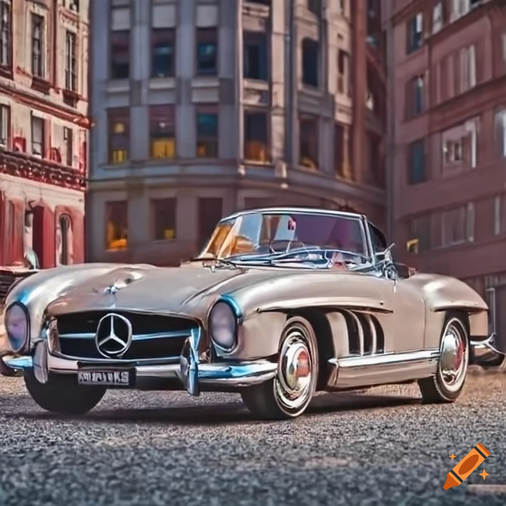 1958 Mercedes Benz 300SL Roadster on city road with low angle view