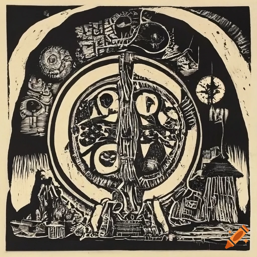 Esoteric dada collage linocut artwork of the nine circles of hell