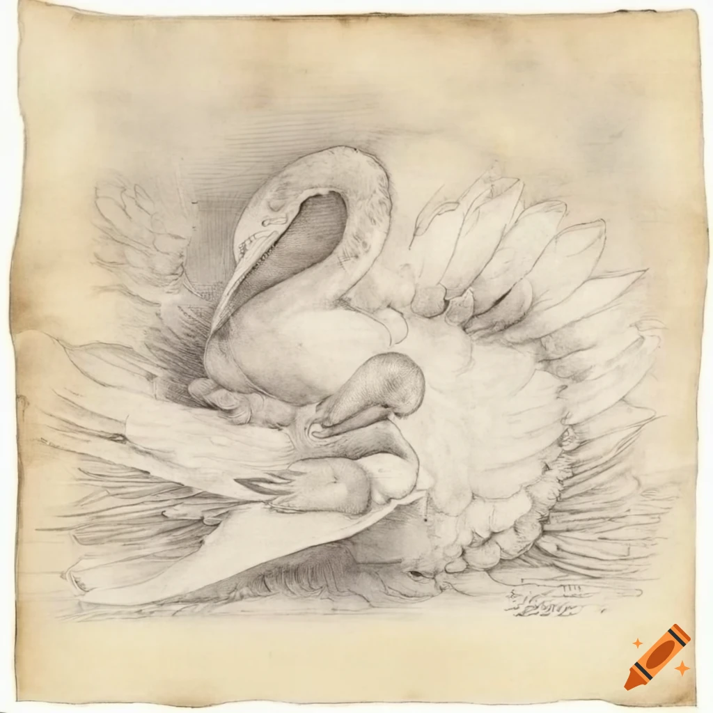 Swan hugging a woman in a 1500s drawing with grey and red ink on aged paper