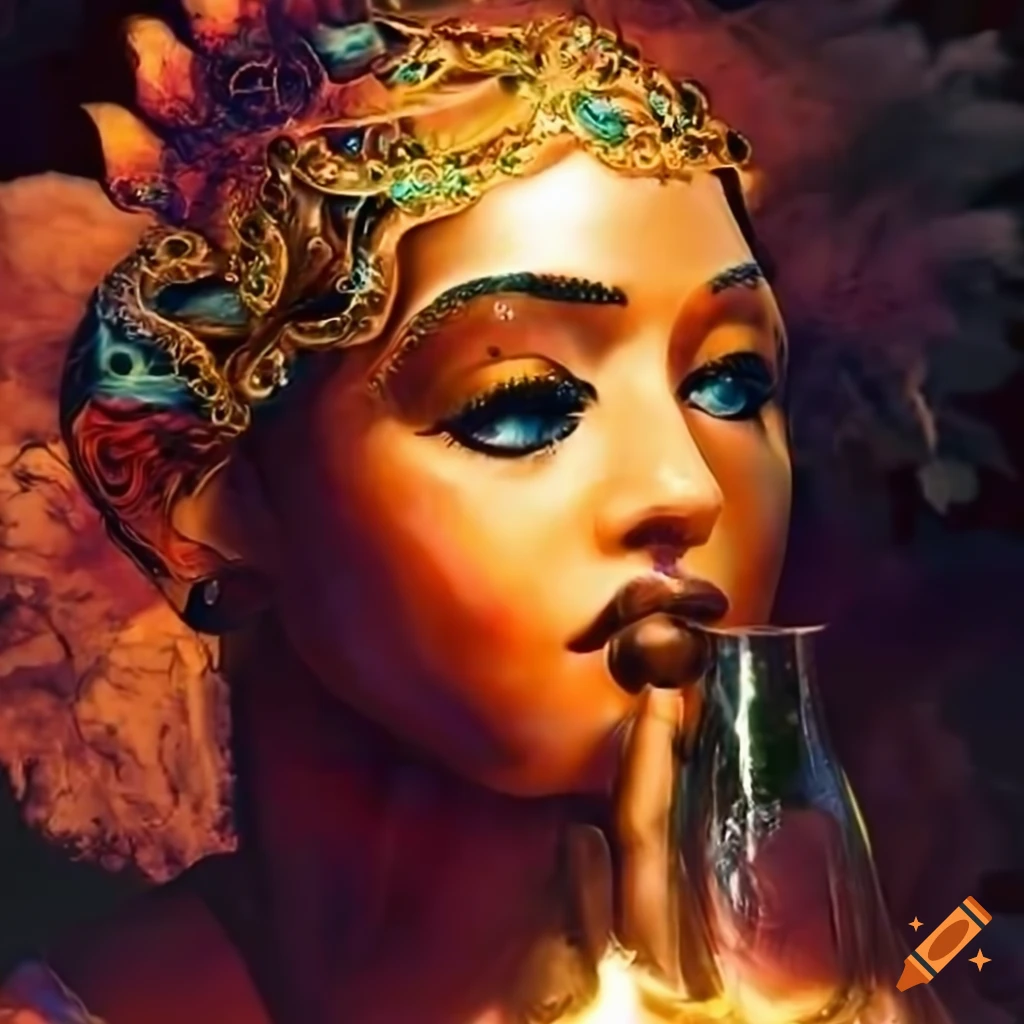 Beautiful goddess winking with brown liqueur, mountains, waterfalls in the background