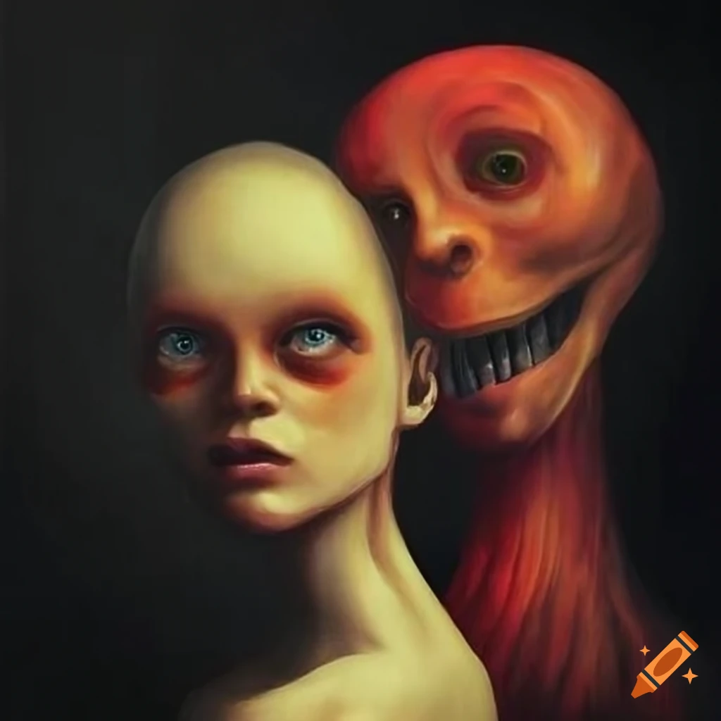 Surreal painting with creepy elements and people