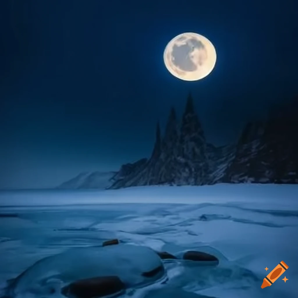 Ice-covered world under brilliant moonlight