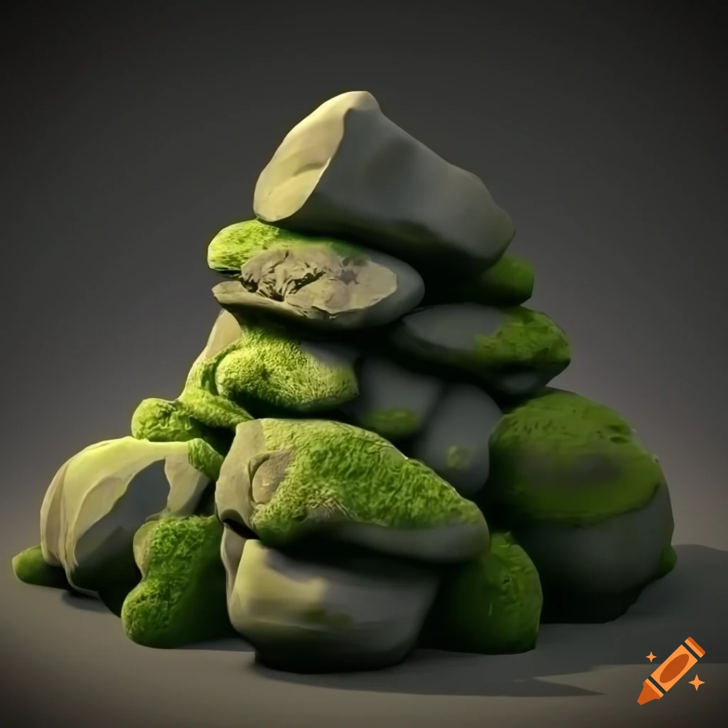 Mossy sandstone rocks in stylized video game style