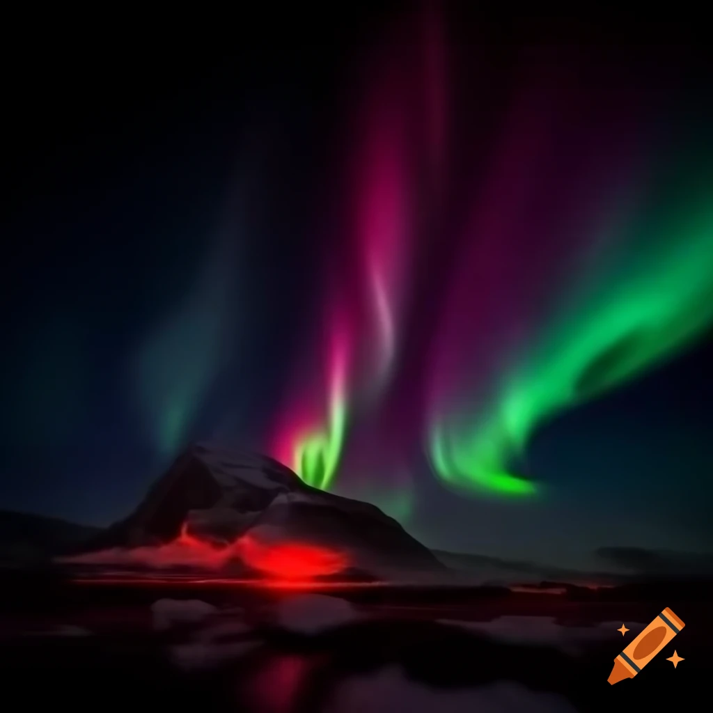 Northern lights in red over snowy landscape in Norway