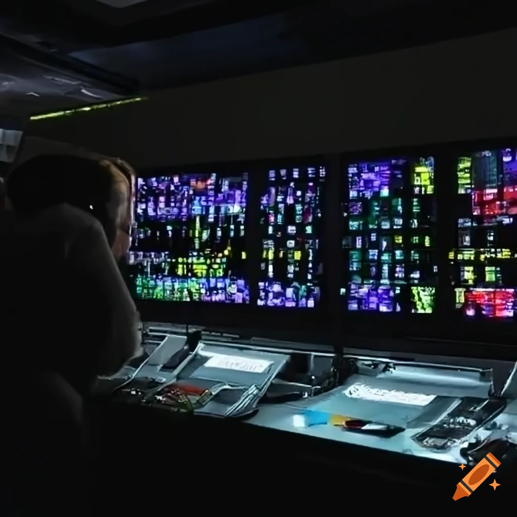 Command center room with multiple displays showing games and wind turbines outside