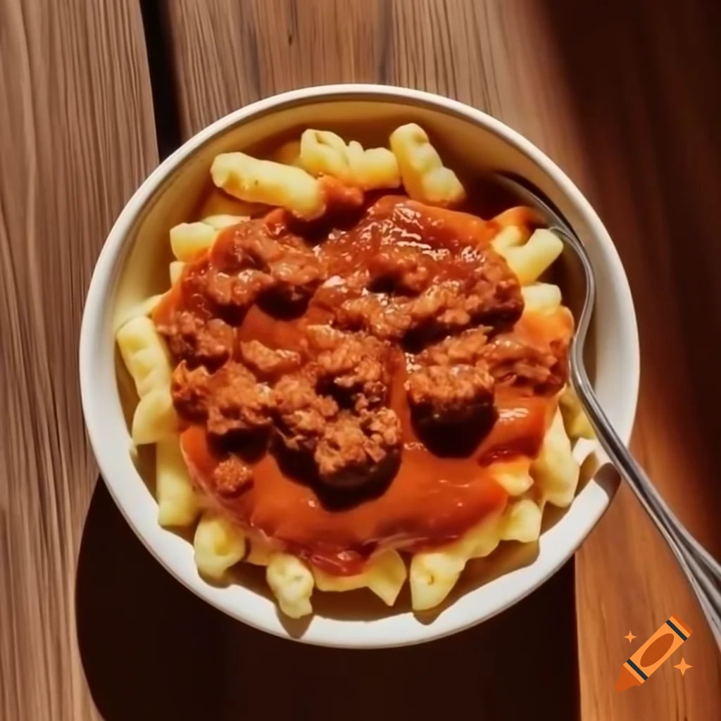Macaroni and beef in sauce served in a bowl