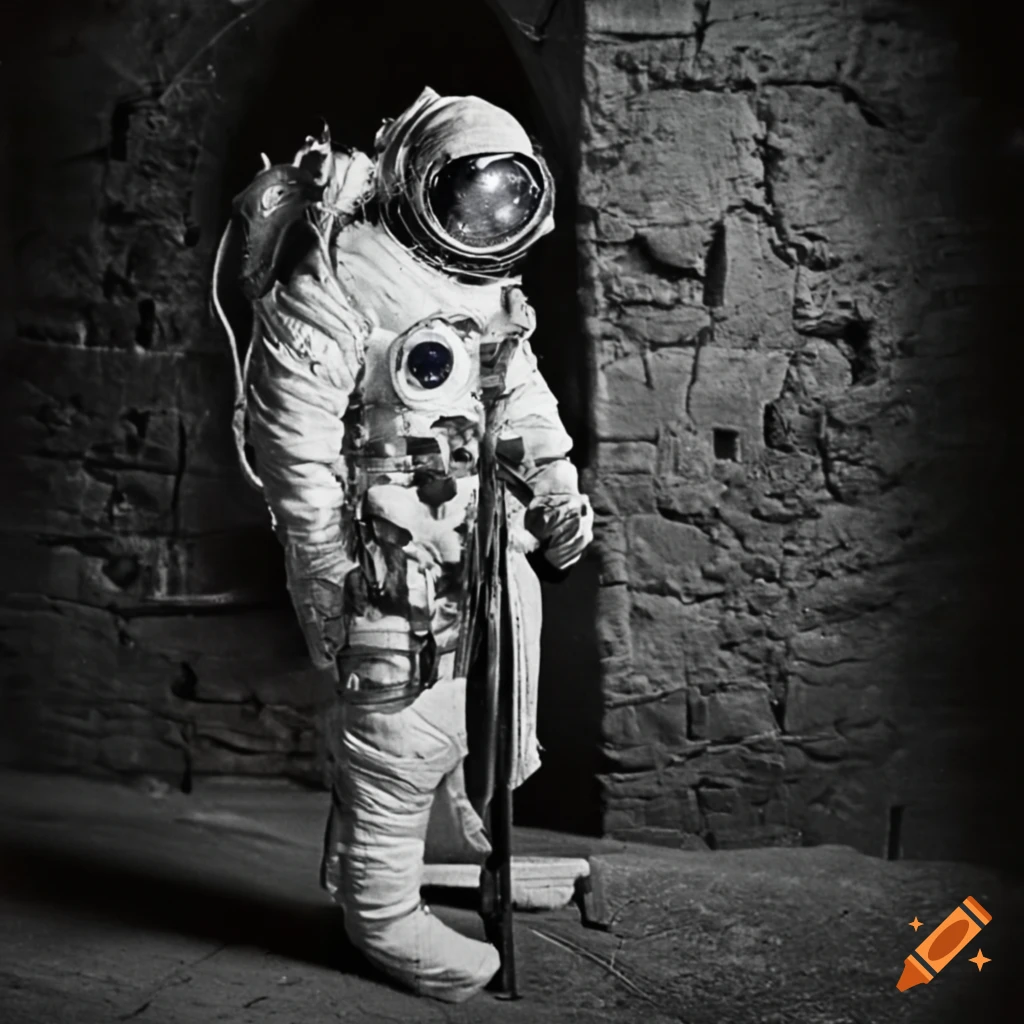 1950s astronaut exploring ancient castle