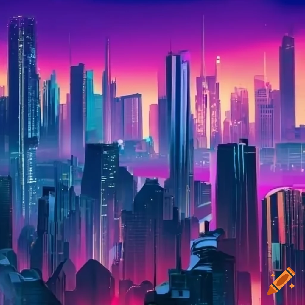 Futuristic cityscape with flying cars, skyscrapers, and neon lights