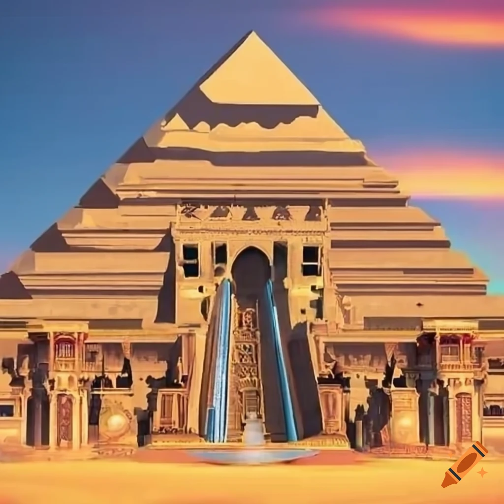 Grand Egyptian palace with towering columns and hieroglyphics in the desert