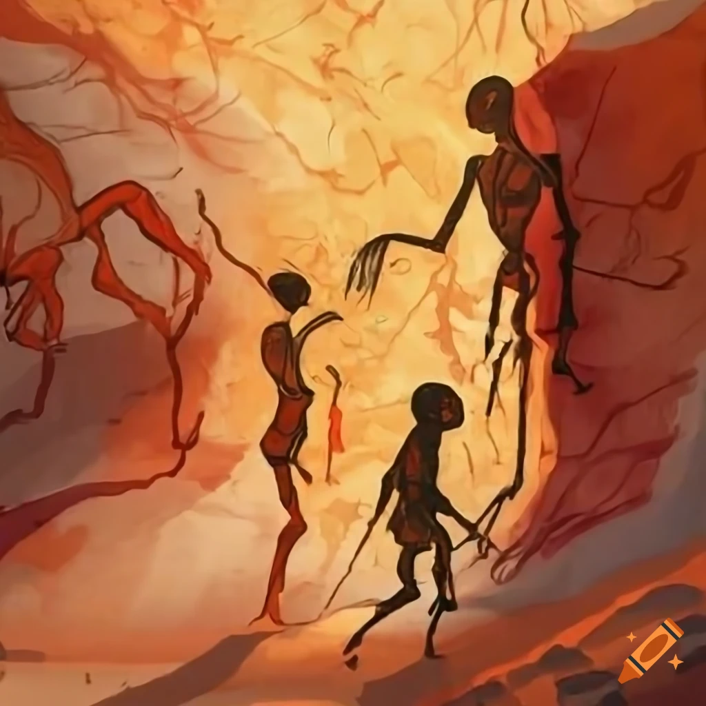 Primitive depiction of humans meeting aliens in the style of rock paintings
