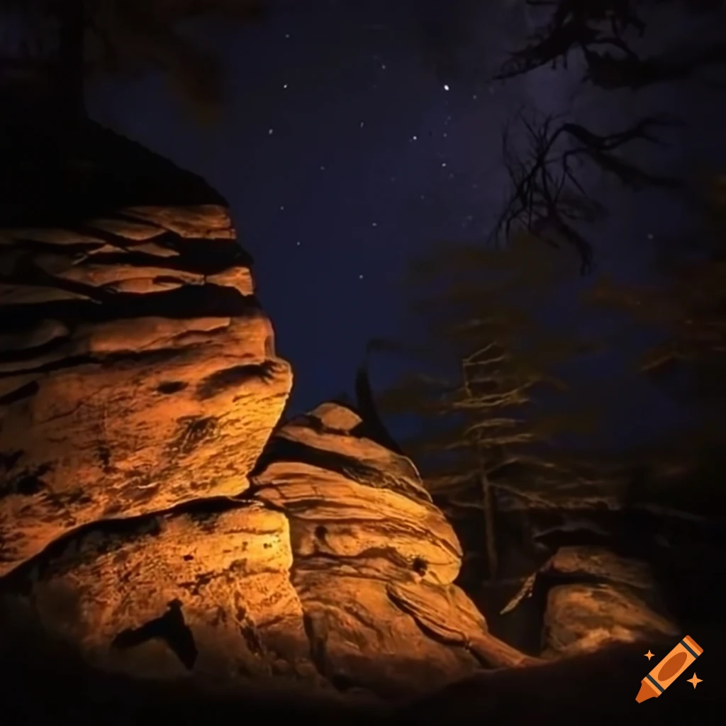 Catskill rocks and boulders among trees at night