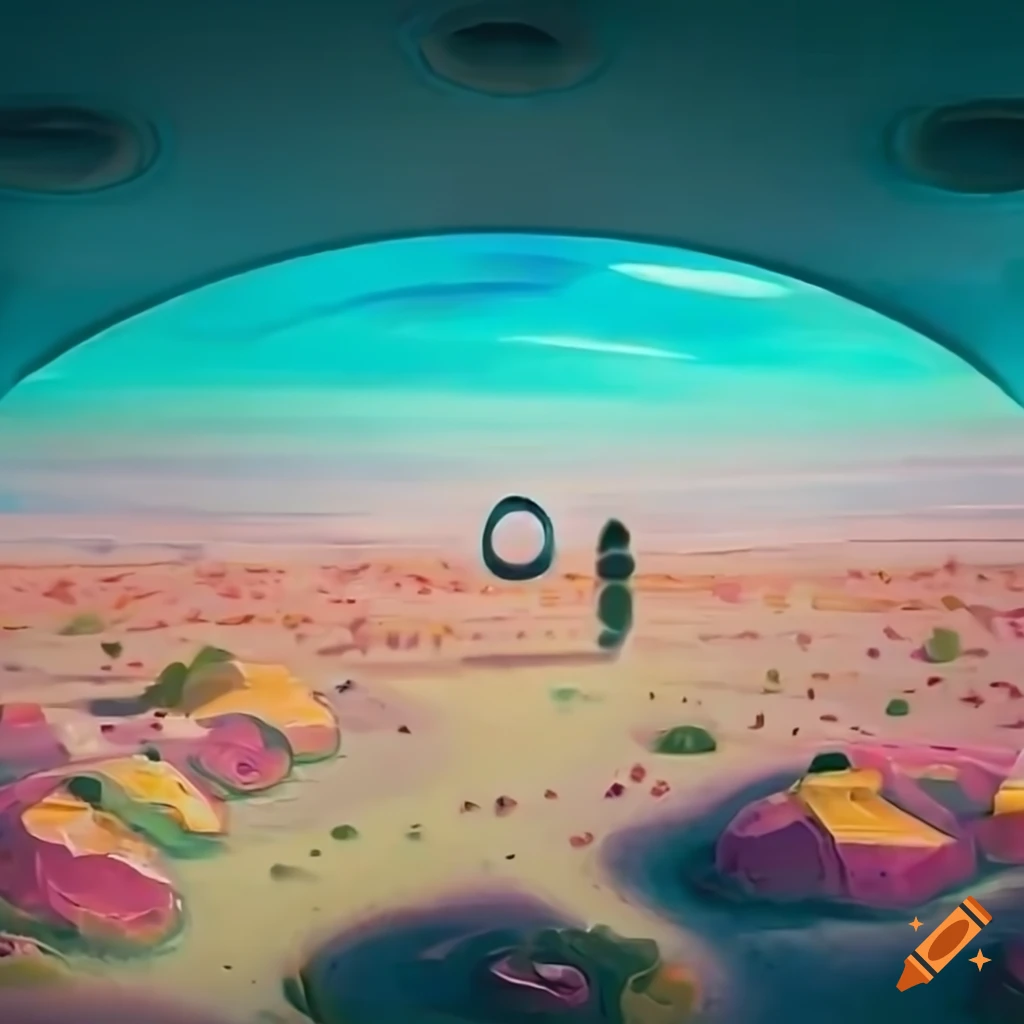 View through robot eyes of hyperrealistic blooming desert landscape
