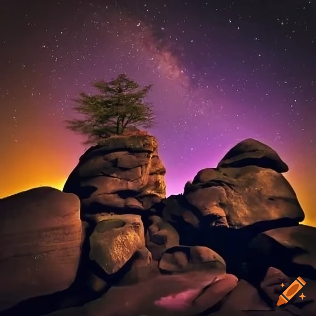 Catskill rocks and boulders among trees at night