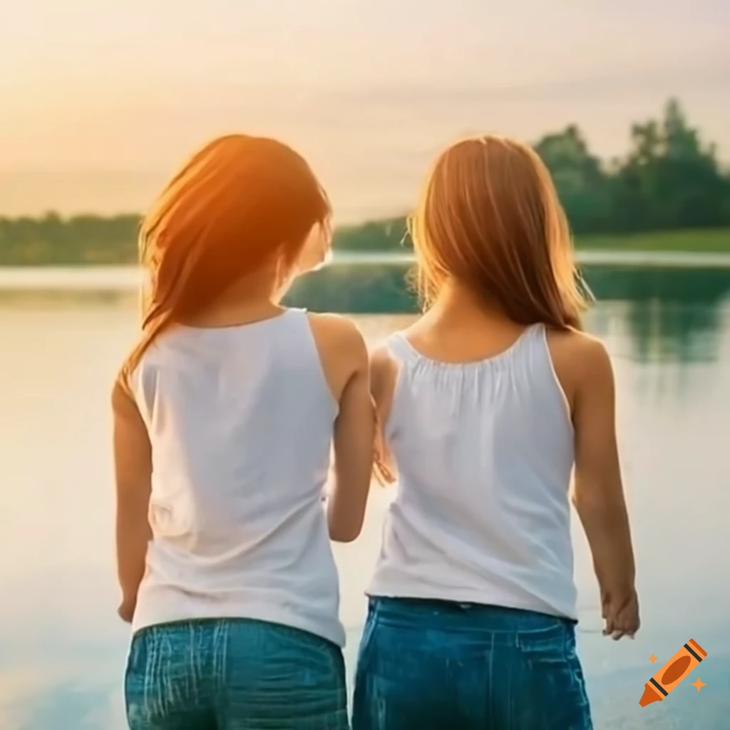 Two girls standing by a lake holding hands with personalized T-shirts