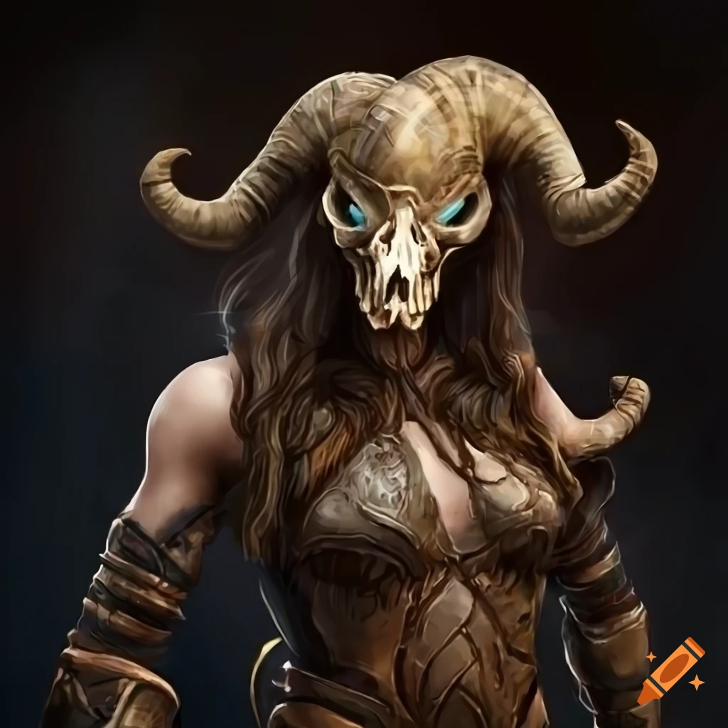 Epic female warrior with ram skull helmet and giant spear