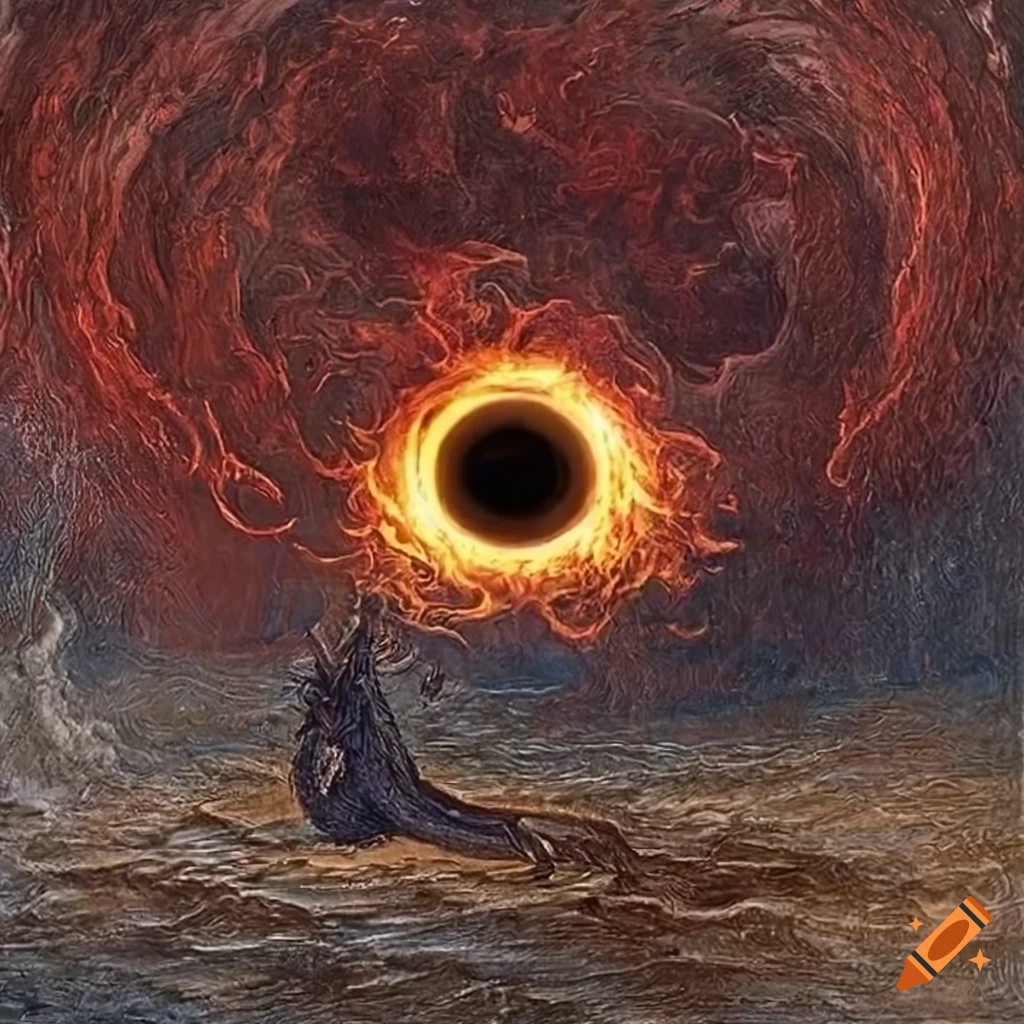 Chaos sun in Elden Ring with a big ball of flame and black hole, by Gustave Dore
