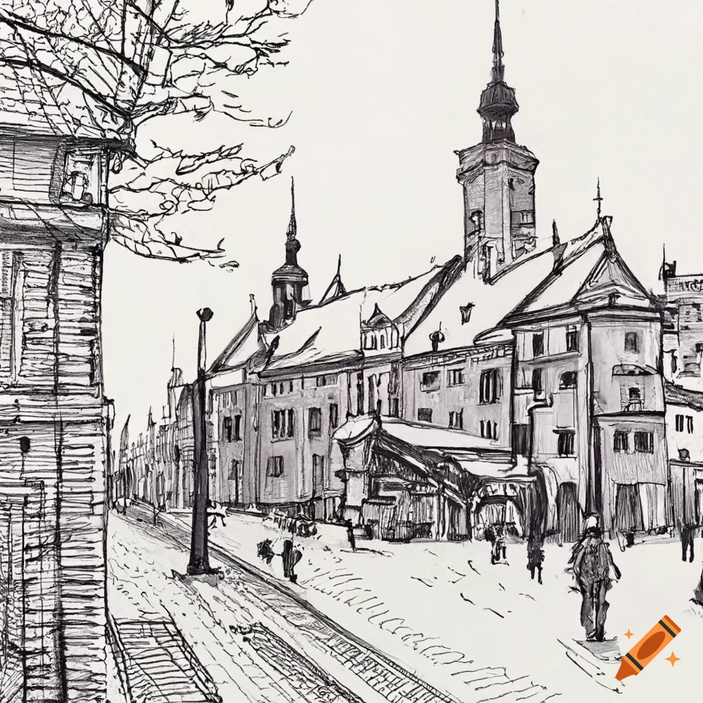 Warsaw skyline in a pen drawing style