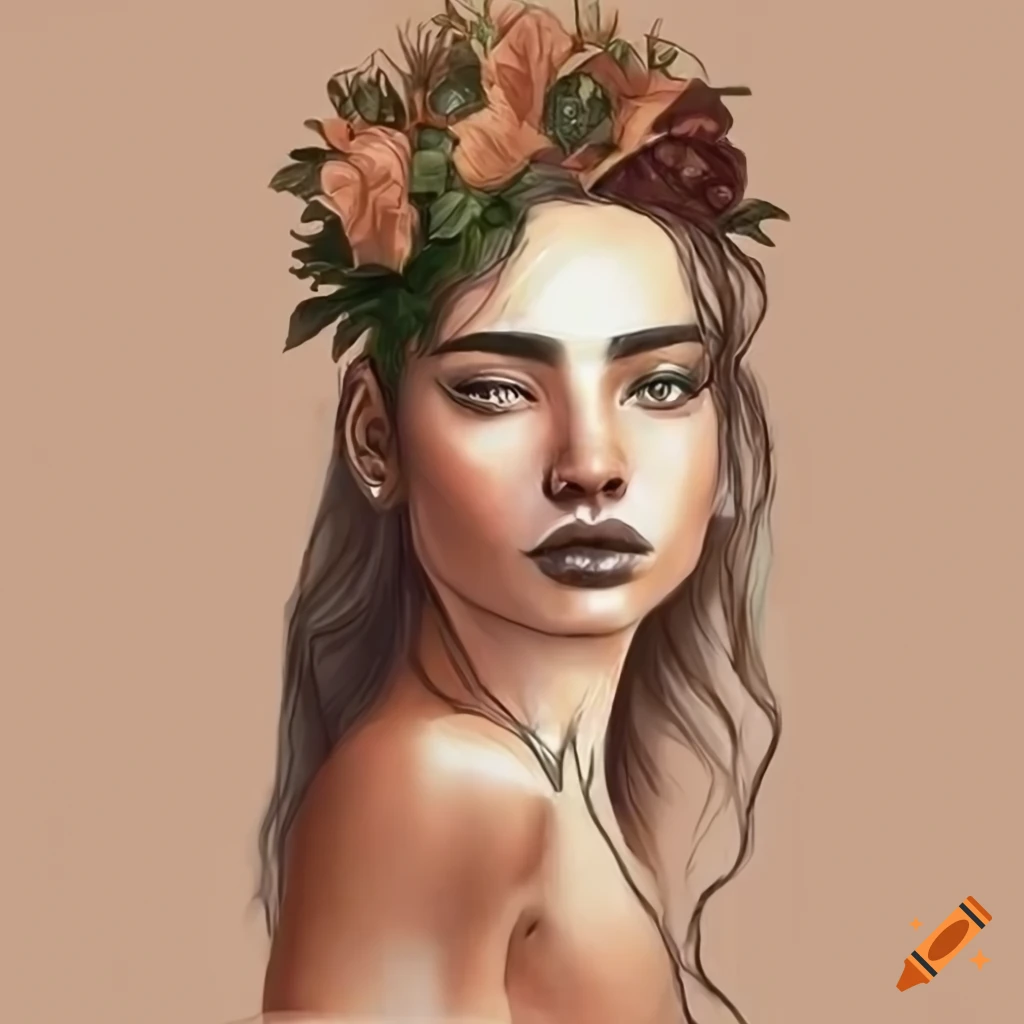 Boho woman surrounded by plants on a brown background